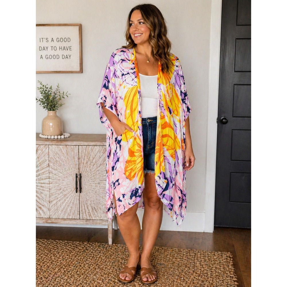 Rachel Rachel Roy Abstract Floral Kimono Cardigan Pink Yellow OS